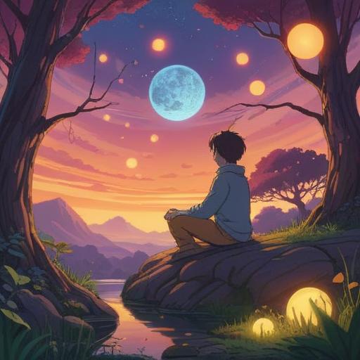 A serene and introspective scene featuring a person meditating in a tranquil landscape, surrounded by glowing orbs of light symbolizing love and connection, ethereal energy swirling around, a gentle sunset in the background casting warm hues, reflections of personal growth and spiritual awakening, peaceful atmosphere, harmonious balance between nature and the individual, 4k