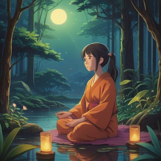 A serene illustration depicting a solitary figure meditating in a tranquil natural setting, surrounded by soft, glowing lights symbolizing inner peace and spiritual awakening, ethereal atmosphere, gentle sunlight filtering through trees, vibrant floral details, a sense of harmony and connection with the universe, 4k