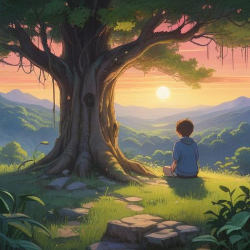 A serene scene depicting a person sitting alone in a tranquil setting, surrounded by nature, soft light filtering through trees, peaceful expression, hints of spiritual symbols in the environment, intuition and self-reflection, gentle breeze stirring leaves, sense of solitude and connection, 4k