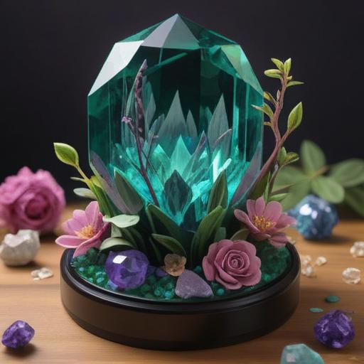 A beautifully arranged lucky crystal centerpiece, rich hues of emerald and amethyst, intricate crystal cuts reflecting light, surrounded by delicate flowers and soft candles, symbolizing love and fortune, serene atmosphere, inviting ambiance, 4k