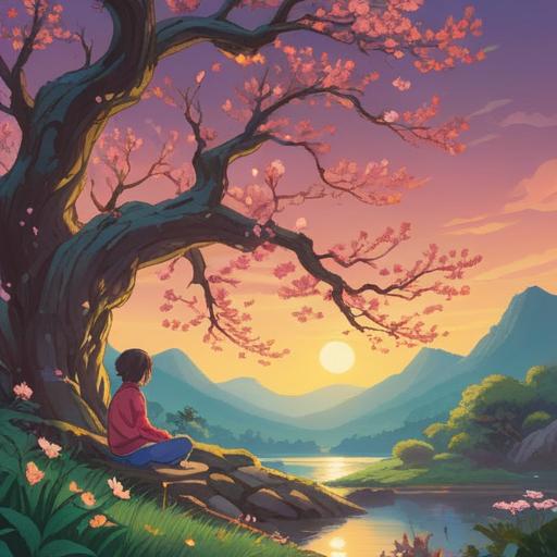 A serene illustration of a tranquil landscape with a gentle breeze, a person meditating under a blossoming tree, soft light filtering through the branches, symbolizing healing and spiritual awakening, a warm glow surrounding the figure, peaceful demeanor, harmonious nature, 4k