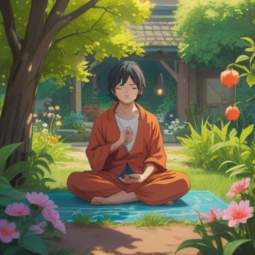 A serene and calming scene depicting a person meditating in a peaceful garden, surrounded by blossoming flowers and gentle sunlight, soft colors reflecting healing energy, elements of nature symbolizing balance and wellness, a clear blue sky above, an aura of tranquility, 4k