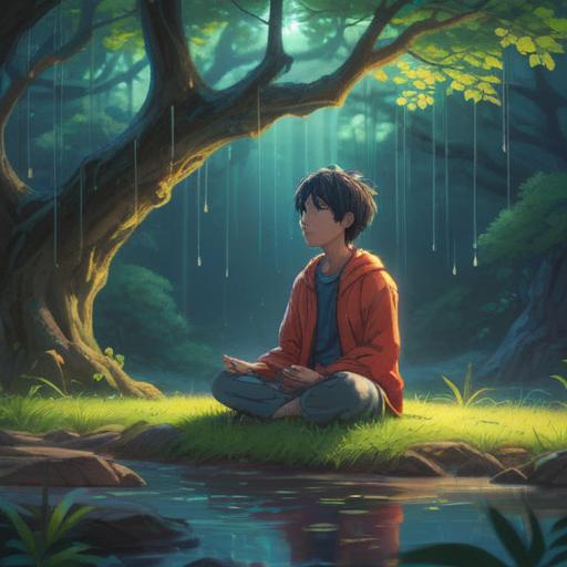 A serene and introspective illustration depicting a person meditating under a tree, soft raindrops falling, a gentle glow surrounding them, symbolizing spiritual growth, subtle visuals of chalazion in the background representing challenges, vibrant nature, calm atmosphere, harmonious colors, 4k