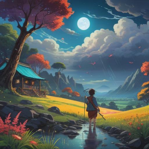 A mystical scene depicting hail falling gently on a serene landscape, vibrant colors, ethereal light shining through clouds, symbols of good fortune emerging from the hail, a peaceful river reflecting the sky, lush greenery and blooming flowers, an aura of tranquility and spiritual awakening, enchanting details throughout, 4k