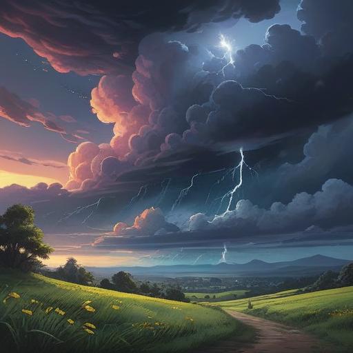 A mystical illustration depicting a stormy sky filled with hail, dark clouds swirling, ethereal lights breaking through the gloom, an aura of caution and awareness, symbolic representations of spiritual signs like feathers or crystals in the foreground, nature’s power and wisdom blending together, serene yet foreboding atmosphere, detailed natural elements, 4k