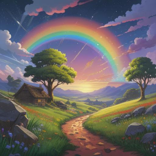 A serene landscape after a hailstorm, glistening hailstones on the ground, a vibrant rainbow arching across the sky, a lucky charm placed on a windowsill, soft sunlight filtering through lingering clouds, nature's beauty, symbols of good fortune, peaceful ambiance, 4k