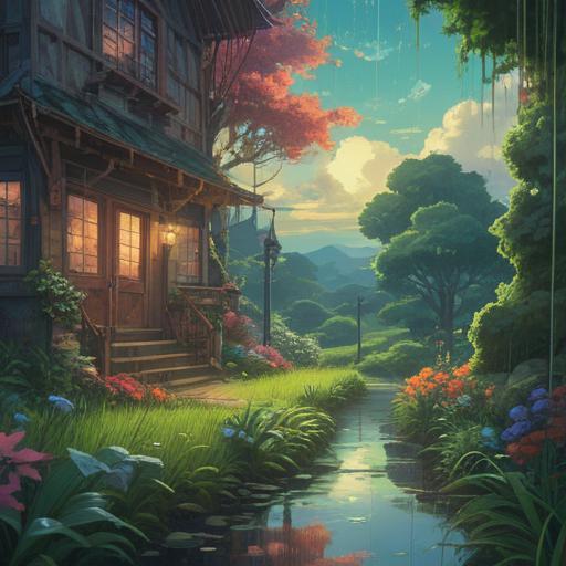 A serene landscape depicting the aftermath of a hailstorm, glistening droplets on green leaves, sunlight breaking through clouds, vibrant flowers blooming, a peaceful atmosphere, symbolic representation of resilience and prosperity, illustrating emotional richness, rich textures and colors, 4k