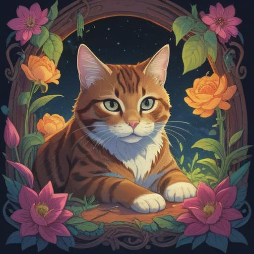 A serene and symbolic illustration, a mystical cat lying peacefully, ethereal light surrounding it, vibrant flowers blooming in the background, intricate patterns of energy radiating, soft yet illuminating colors, enchanting atmosphere, spiritual meaning of life and death, 4k