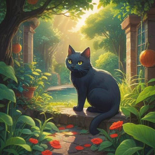 A poignant scene depicting a cat that has been hit, surrounded by a serene garden, gentle sunlight filtering through leaves, a sense of tranquility, symbolic representations of personal growth such as blooming flowers, a path leading toward the horizon, evoking feelings of reflection and hope, intricate details capturing emotions, 4k