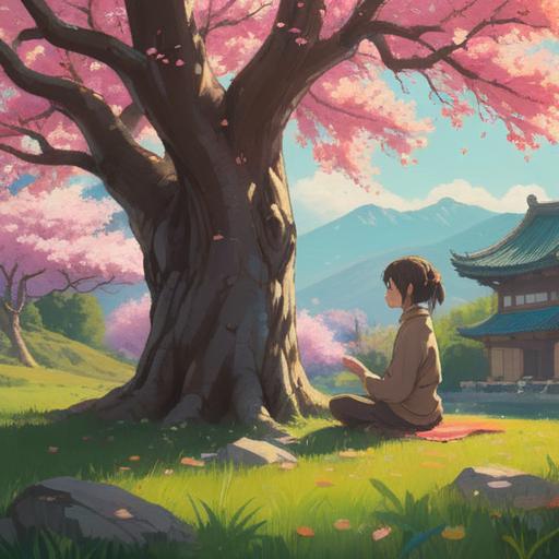 A serene outdoor scene, a person meditating under a blooming cherry blossom tree, gentle sunlight filtering through the leaves, soft breeze creating a sense of tranquility, surrounded by nature, delicate sounds of flowing water, harmonious birdsong, inviting a sense of peace and spiritual healing, 4k