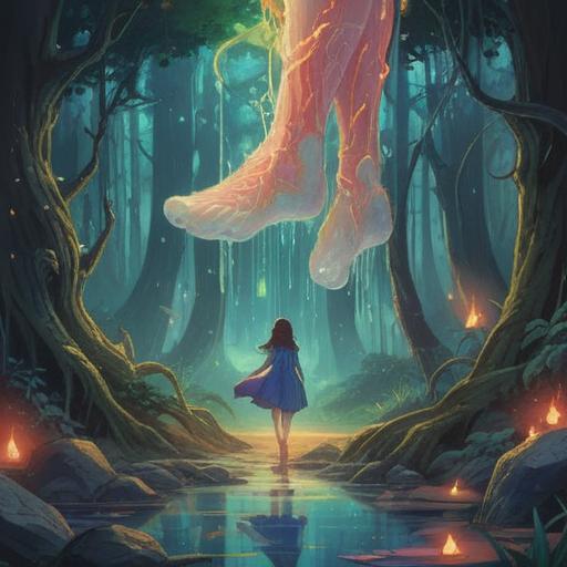 A serene illustration depicting a spiritual representation of heel pain, ethereal aura surrounding the heel area, symbolism of emotional and physical imbalance, calming colors, gentle light illuminating the feet, connection between body and spirit, tranquil landscape in the background, representation of healing and self-discovery, 4k