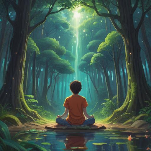 A serene and enlightening scene depicting the spiritual significance of heel pain, a person meditating in nature, surrounded by vibrant energy flows, symbolic representations of healing and transformation, soft light illuminating the scene, a sense of calm and insight, lush green surroundings, gentle movement of leaves, 4k