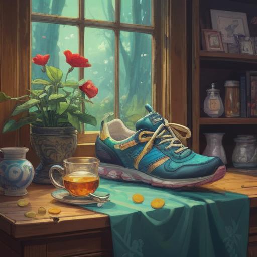 A serene still life composition, featuring a pair of comfortable shoes, a crystal charm symbolizing luck, a soothing herbal tea, a stylish foot massager, beautiful indoor plants for a calming atmosphere, soft natural light illuminating the scene, inviting and warm details, 4k