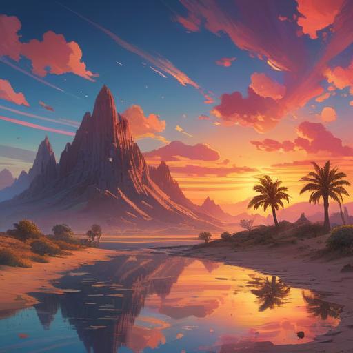 A mystical landscape featuring a shimmering mirage, ethereal colors, surreal reflections, desert setting under a vibrant sunset, spiritual symbolism, gentle waves of light, enchanting atmosphere, hidden truths revealed, soft illumination, tranquil scenery, 4k