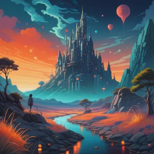 A surreal landscape depicting a mirage, shimmering illusions in the distance, vibrant colors reflecting the dreamlike quality, hidden lucky items scattered throughout the scene, enchanting atmosphere, floating clouds, soft light illuminating the objects, whimsical elements, captivating details, 4k