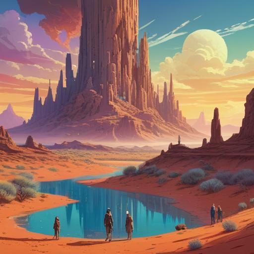 A surreal landscape featuring a vibrant mirage, shimmering desert heat, ethereal colors, characters captivated by the phenomenon, contemplating newfound insights, dramatic sky reflecting emotions, intricate details in the environment, transformative experience, 4k