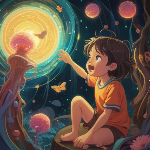 A whimsical illustration depicting a child experiencing hives, surrounded by swirling mystical energies, vibrant colors representing emotions, soft healing light illuminating the scene, symbolic elements like butterflies and flowers representing transformation and healing, serene expression on the child's face, gentle breeze flowing through, calming atmosphere, 4k