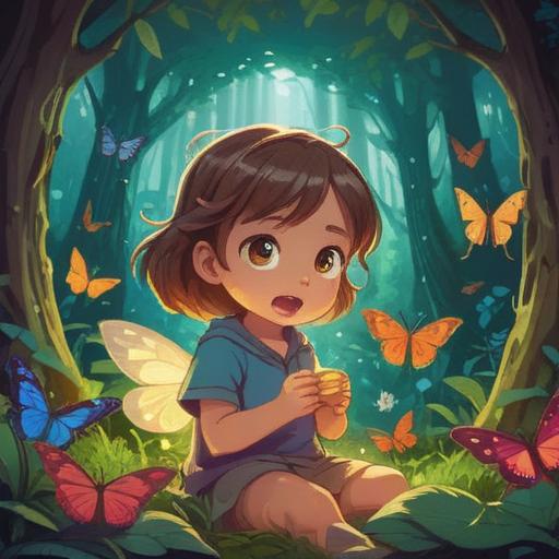 A whimsical illustration featuring a child experiencing hives, surrounded by a mystical aura, colorful butterflies representing transformation, gentle sunlight filtering through trees, serene expression on the child’s face, symbolizing healing and spirituality, enchanting forest background, playful yet calm atmosphere, 4k