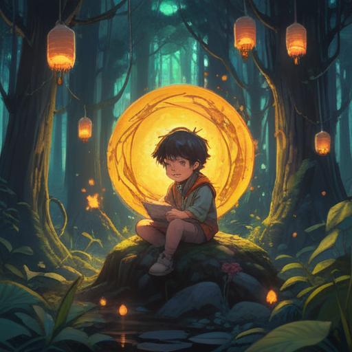 A serene scene depicting a child with hives, surrounded by a mystical forest, glowing symbols in the air representing spiritual signs, soft light filtering through the trees, an aura of tranquility, gentle colors conveying hope, a sense of exploration and discovery, ethereal elements, 4k