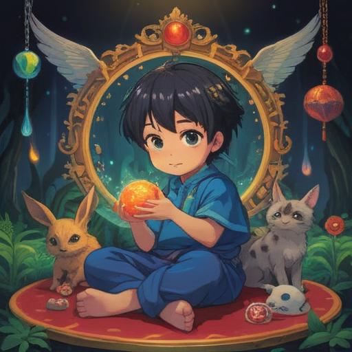 A spiritual lucky charm for easing children's hives, colorful talismans, soothing energy, gentle aura, playful child with a happy expression, surrounded by nature, calming environment, whimsical design, elements of healing, 4k