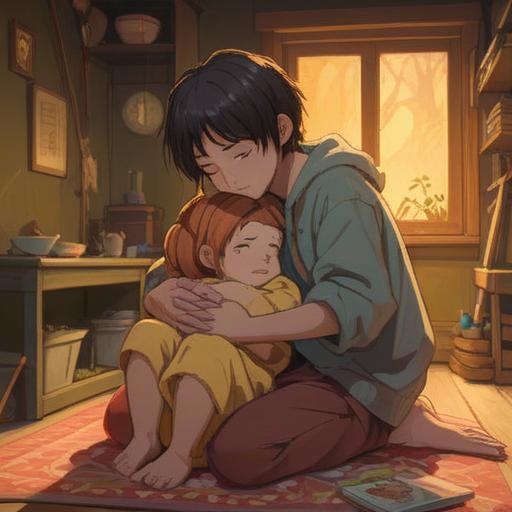 A caring and gentle scene showing a child with hives being comforted by a parent, warm colors, soft lighting, soothing environment, a cozy living room with plush toys, a mother reading a storybook, the child smiling and feeling safe, emphasizing emotional support and healing, 4k