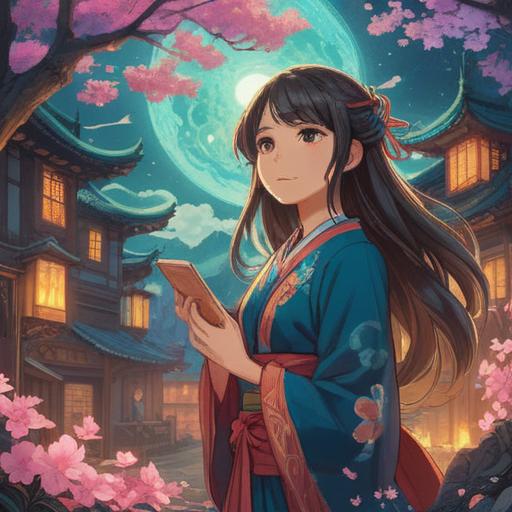 A mystical illustration of Dakiniten, surrounded by vibrant spiritual symbols, glowing aura, serene expression, nature elements like cherry blossoms and bamboo, ethereal light, an atmosphere of peace and enlightenment, intricate details, 4k