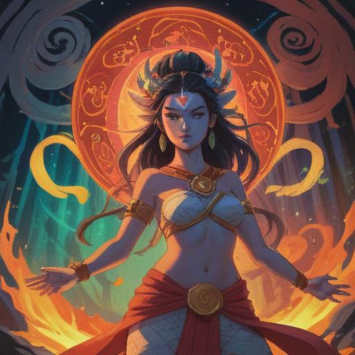 A mystical scene depicting a meeting with Dakini Ten, spiritual symbols in the background, glowing aura surrounding Dakini Ten, ethereal lighting, nature elements intertwining, subtle hints of traditional Japanese art, calm yet powerful atmosphere, spiritual enlightenment, vibrant colors, intricate details, 4k