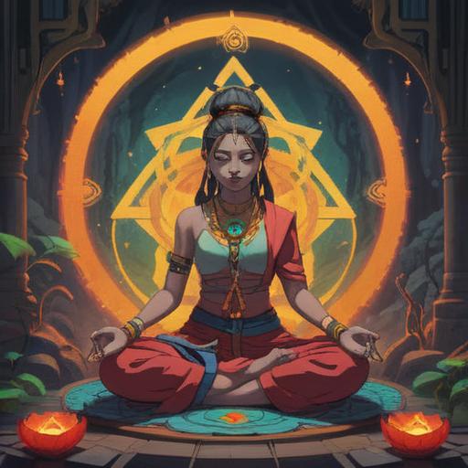 A serene and mystical scene depicting a person meditating under the guidance of Dakini, ethereal light illuminating the surroundings, ancient symbols and text swirling gently around, vibrant colors reflecting enlightenment, tranquil atmosphere, lush greenery and flowers around, soft, glowing aura, spiritual connection, 4k