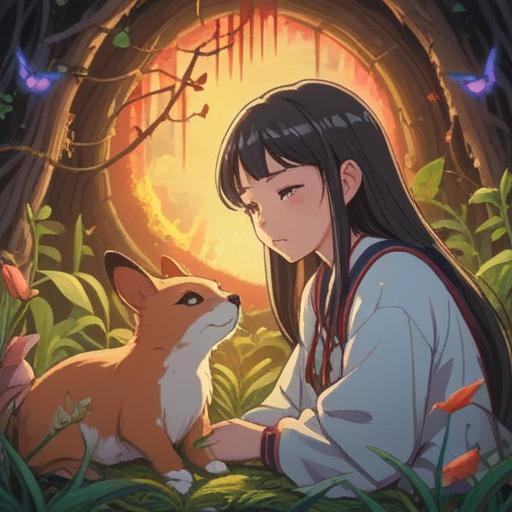 A serene and enlightening scene depicting a person receiving gentle affection from a small animal, soft ethereal light surrounding them, symbols of spiritual awakening in the background, harmonious colors conveying peace and understanding, nature elements like flowers and trees enhancing the atmosphere, dreamy and reflective mood, 4k
