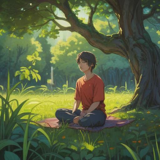 A serene outdoor scene, a person meditating under a tree, gentle sunlight filtering through the leaves, soft breeze rustling the grass, calm facial expression, surrounded by nature, ethereal atmosphere, soothing colors, tranquil setting, uplifting mood, harmony and peace, 4k