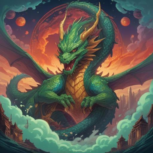 A majestic jade dragon entwined with mystical symbols, representing spiritual meaning and harmony, ethereal clouds surrounding it, vibrant green hues, intricate scales reflecting light, serene expression, mystical energy radiating, enchanting atmosphere, lush landscapes in the background, 4k