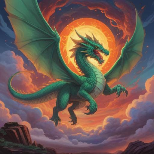 A majestic jade dragon soaring through the sky, emitting a serene glow, surrounded by mystical clouds, symbolizing spiritual guidance and positive energy, intricate scales reflecting light, tranquil landscape below, ethereal atmosphere, enchanting details, vibrant colors, 4k