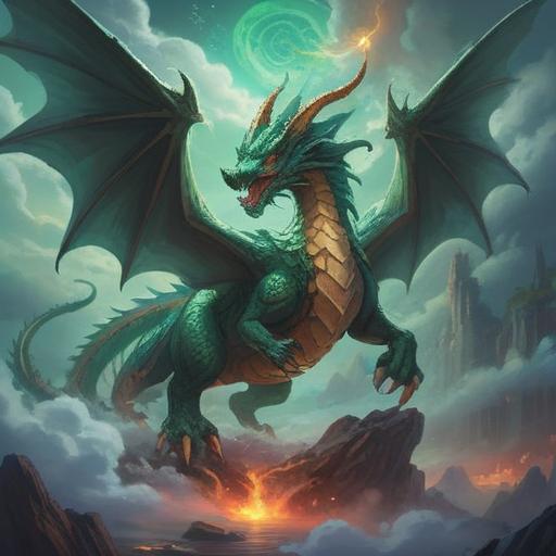 A majestic jade dragon soaring through a mystical landscape, surrounded by swirling clouds and shimmering light, ancient symbols of spiritual significance in the background, vibrant green hues, ethereal atmosphere, a sense of wisdom and protection, detailed scales reflecting light, tranquil water beneath, 4k