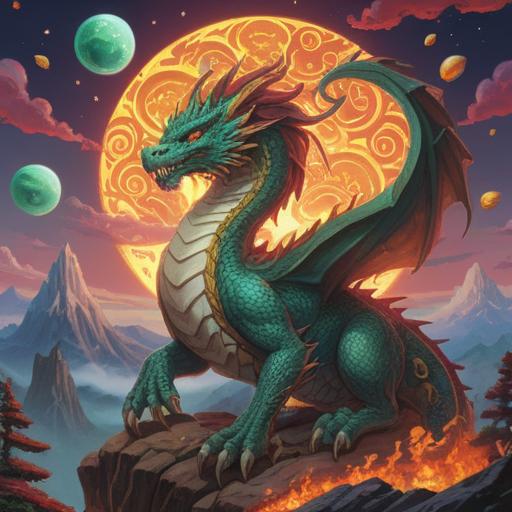 A majestic jade dragon soaring through a vibrant sky, shimmering scales reflecting sunlight, surrounded by sacred symbols of fortune, glowing orbs and lucky charms floating gracefully, lush green landscapes below, a sense of harmony and prosperity, enchanting and mystical atmosphere, intricate details, 4k