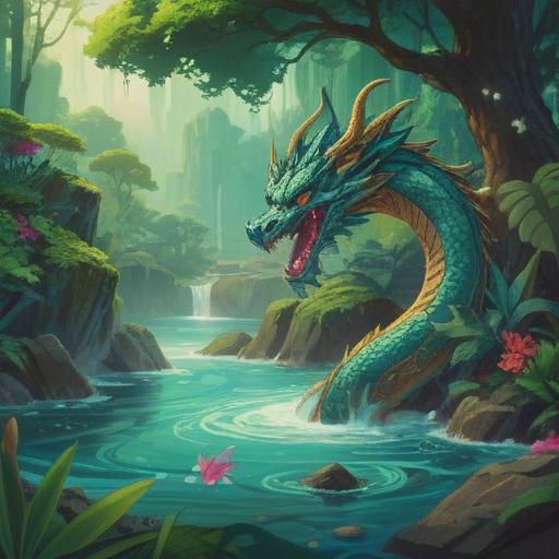 A serene illustration of a jade dragon surrounded by natural elements, vibrant greenery, flowing water symbolizing energy, meditative figures practicing yoga, crystal clear skies, harmonious living, balance and tranquility, 4k