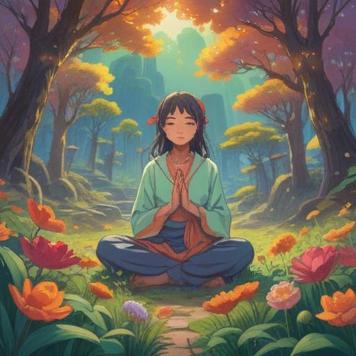 A serene and uplifting illustration, ethereal landscape, vibrant colors simbolizing transformation, a figure meditating amidst blooming flowers, radiant light shining from within, symbolic elements representing self-improvement and spiritual growth, peaceful atmosphere, 4k