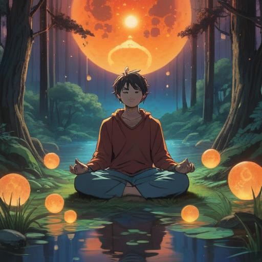 A serene and reflective scene depicting a person meditating in nature, surrounded by glowing orbs of light, symbolizing spiritual signs, soft rays of sunlight filtering through the trees, a calm lake reflecting the sky, gentle breeze, vibrant flowers, harmonious atmosphere, sense of inner peace, 4k