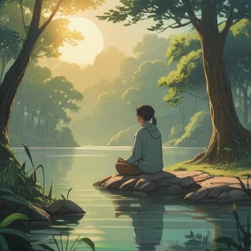 A serene morning scene, a person meditating by a tranquil lake, surrounded by lush greenery, soft sunlight filtering through the trees, gentle ripples on the water, creating a peaceful atmosphere, encouraging mindfulness and personal growth, harmonious colors, detailed expressions of tranquility and joy, 4k