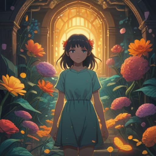 A serene and ethereal scene depicting a person surrounded by glowing, gentle light, symbolizing inner beauty and transformation, blooming flowers representing growth and healing, peaceful landscape with soft clouds and a rainbow, conveying a sense of hope and aspiration, spiritual essence, 4k