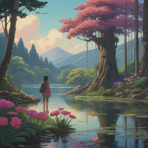 A serene scene depicting a person reflecting by a tranquil lake, surrounded by blooming flowers and lush greenery, soft light filtering through the trees, symbols of growth and transformation in the air, gentle ripples in the water representing inner peace, an ethereal glow around the person indicating spiritual awareness, mindfulness and intention, an atmosphere of hope and renewal, 4k