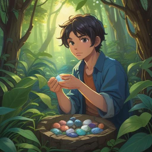 A serene and magical scene depicting a person holding a beautiful lucky stone, lush greenery surrounding them, soft sunlight filtering through the leaves, an expression of hope and aspiration on their face, sparkling energy radiating from the stone, calm and uplifting atmosphere, vibrant colors, 4k