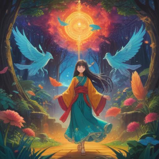 A serene and uplifting scene depicting spiritual transformation, ethereal light surrounding a figure, harmony with nature, vibrant colors representing growth and renewal, gentle flowing water symbolizing purification, tranquil expression on the figure's face, blooming flowers symbolizing beauty and change, realistic textures, immersive environment, 4k