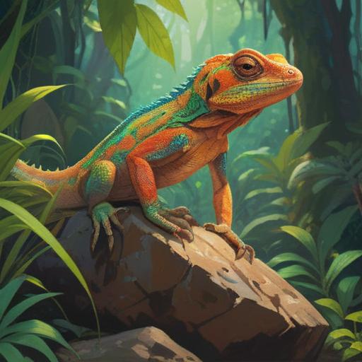 A beautiful lizard perched on a sunlit rock, vibrant scales reflecting myriad colors, surrounded by lush greenery, representing spiritual awakening and transformation, serene atmosphere, intricate details in the lizard's patterns, gentle light filtering through the leaves, 4k