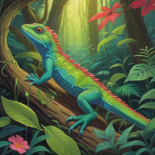 A beautiful lizard appearing in a serene forest, vibrant colors, mystical aura surrounding the lizard, symbols of spirituality in the background, soft rays of sunlight filtering through the trees, calm and reflective atmosphere, signs of intuition and guidance illustrated, 4k