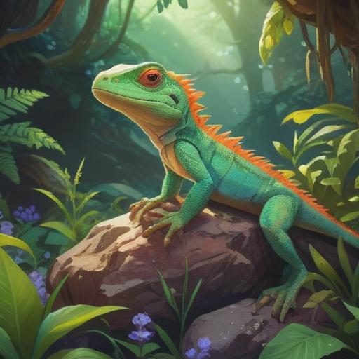 A beautifully detailed illustration of a vibrant lizard basking on a sunlit rock, surrounded by lush greenery, sparkling gemstones scattered around, a sense of fortune and luck emanating from the scene, soft glimmers of light reflecting off the lizard's scales, tranquil atmosphere, nature-inspired elements, capturing the essence of good luck, 4k