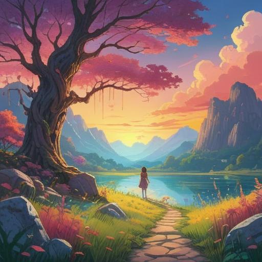 A serene and uplifting illustration, beautiful landscapes, ethereal light, vibrant colors, symbolism of spirituality and positivity, nature’s harmony, flowing water and blooming flowers, whimsical elements representing good signs, tranquil atmosphere, inviting and peaceful scene, 4k