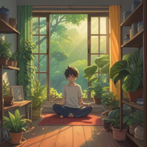 A serene illustration of a morning routine, sunlight streaming through a window, a person meditating with a smile, surrounded by plants and a calming atmosphere, a cup of tea beside them, elements representing gratitude like a journal and a pen, peaceful energy, vibrant colors, 4k