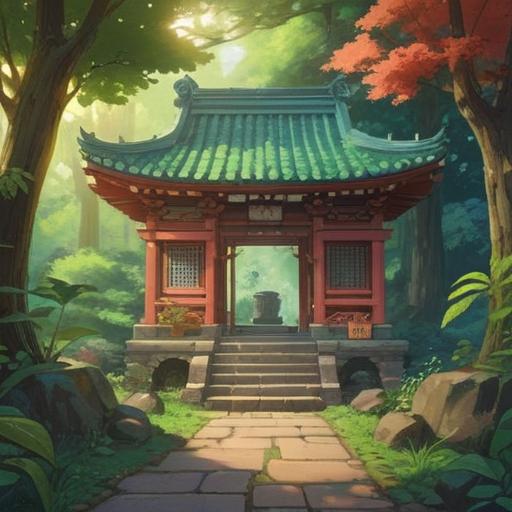 A serene and mystical illustration of Kamado Shrine, surrounded by lush greenery and ancient trees, ethereal light filtering through the leaves, a tranquil torii gate, reflecting spiritual significance, harmony with nature, subtle symbols of Japanese spirituality, peaceful atmosphere, inviting the viewer to explore, 4k