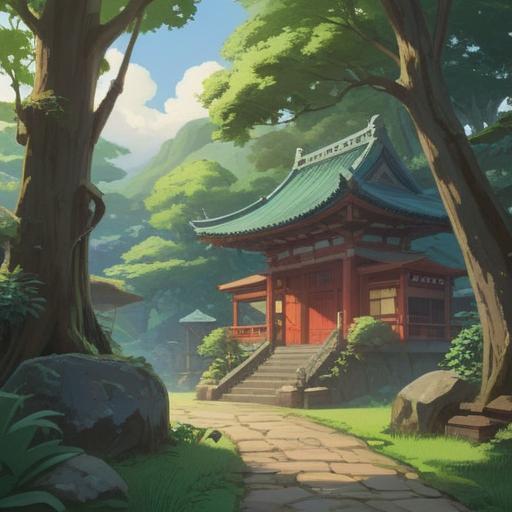 A serene and mystical illustration of Kamado Shrine, surrounded by lush greenery, gentle sunlight filtering through the trees, traditional Japanese architecture, soft cherry blossom petals falling, a sense of tranquility and spiritual energy, visitors engaging in prayer, vibrant torii gate, symbolic lanterns illuminating the path, peaceful atmosphere, 4k