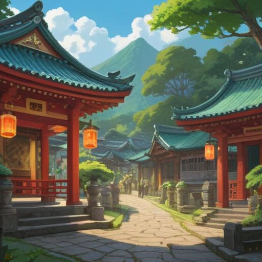 A serene and tranquil scene at Kamado Shrine, lush greenery surrounding the shrine, visitors observing spiritual signs, subtle light filtering through the trees, a gentle breeze rustling leaves, symbolic elements like torii gates, small offerings placed carefully, peaceful atmosphere, spiritual awakening, soft contrasts, 4k